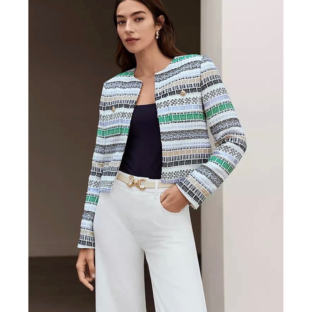 Ann Taylor Tweed Jacket Womens 16P Multicolor Excellent Striped Cropped Blazer